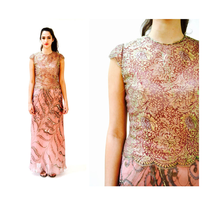 90s 00s Vintage Pink Lace Silk Bias Cut Dress Small Wedding Party Gown// 90s 00s Bias cut Gown Long Dress Metallic Lace Butterfly Print