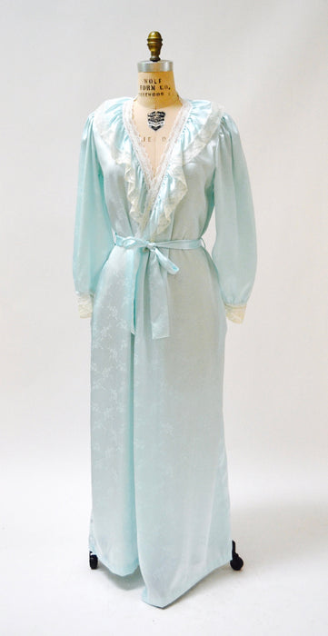 80s Vintage Blue Satin Robe Nightgown Blue lace Wedding Honeymoon Lingerie// Vintage Robe Lingerie Something Blue Large by Carole Hochman