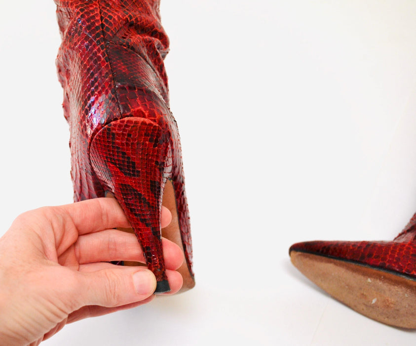 80s Vintage Red Snake Skin Embossed Leather High Heel Boots 6  Leather High Heel Black Boots Pointed Toe Boots Made in Italy