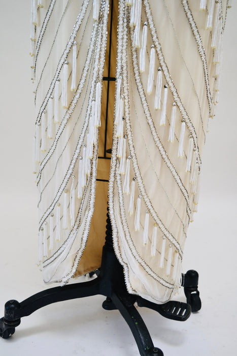 80s 90s Vintage Silver White Cream Beaded Gown Dress Medium Large By Bob Mackie Silk// Vintage Wedding Gown Beaded Fringe Art Deco Gown