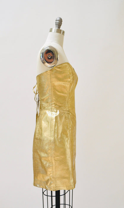 90s Metallic Gold Leather Dress by Michael Hoban North Beach Leather Lace Up Corset Strapless Dress Body con lace up dressSize Small Medium