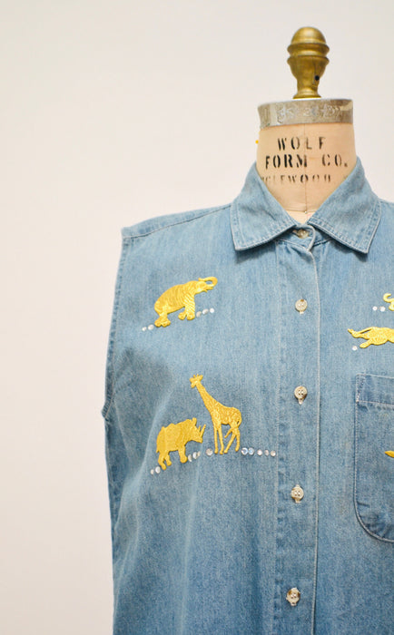 80s 90s Vintage Denim Tank Top Gold Animal Patches and Rhinestones Size Small Medium Metallic Denim Jean Denim Shirt Top 80s 90s Glam
