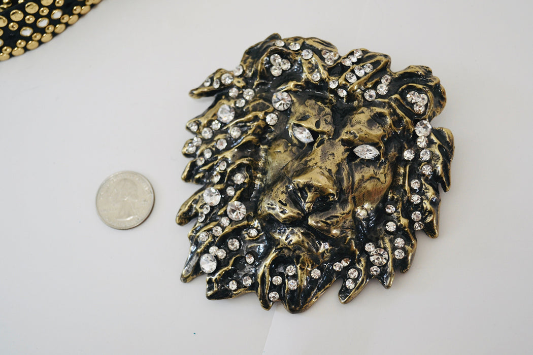 90s Vintage Katherine Baumann Beverly Hills Brass Swarovski Crystal Lion Belt Buckle Metallic Rhinestone Belt Buckle Large Cat LION Metallic
