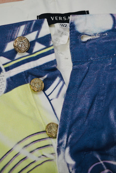 90s Vintage Versace Pants Jeans White Blue Yellow Printed Versace Pants Size 32 Italian Vintage Fashion Designer Size Small Medium
