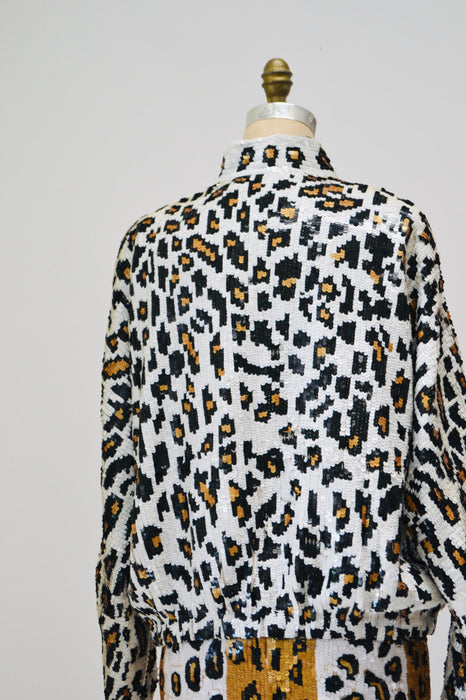 80s 90s Vintage Sequin Jacket Skirt Medium Leopard Cheetah Animal Pattern// 90s Glam Metallic Sequin Jacket Skirt Set Modi Sequin