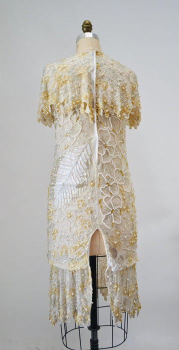 80s 90s Vintage White Beaded Party Dress Dress Small // Vintage Cocktail Wedding Dress White Beaded Flapper White Beaded Party Dress