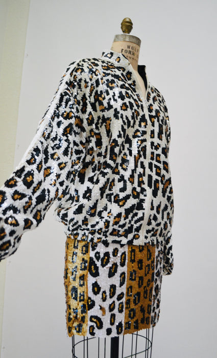 80s 90s Vintage Sequin Jacket Skirt Medium Leopard Cheetah Animal Pattern// 90s Glam Metallic Sequin Jacket Skirt Set Modi Sequin
