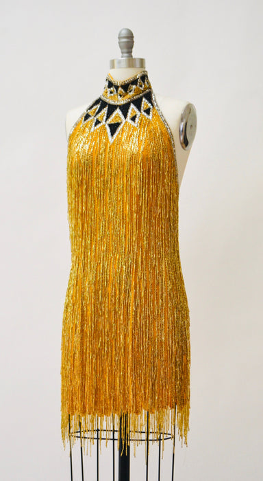 80s Vintage Bob Mackie Gold Beaded Fringe Dress Vintage Gold Metallic Dress Small Medium// Beaded Fringe Dress Flapper Inspired Cher Dress