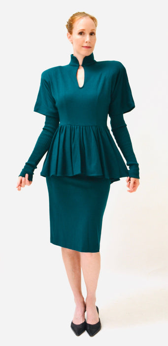 80s does 40s Vintage Teal Blue Green Knit Wool Dress Small Medium Wool Jersey Knit Dress Green teal Long Sleeve Peplum Dress Bonnie Strauss
