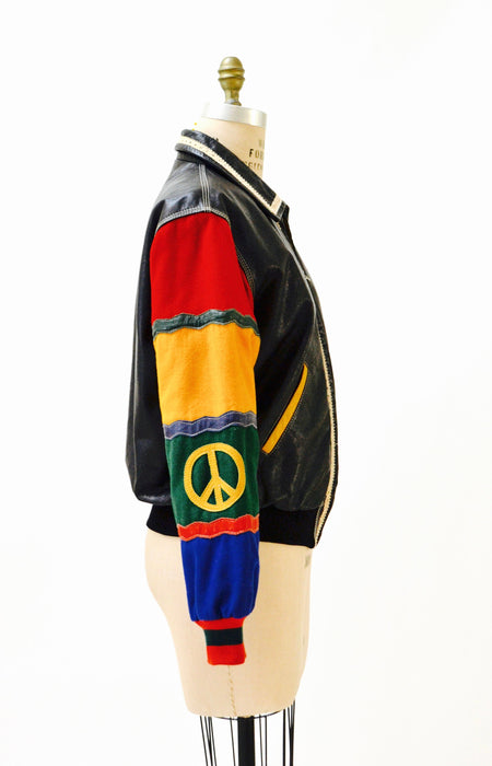Vintage Moschino Leather Jacket Black Love Peace Heart Red and Black Navy Moschino Jeans ITaly Pop Art Rainbow Gay Pride Leather Jacket