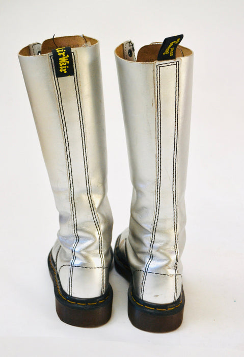 90s Dr. Martens Boots Women Size 6 Metallic Silver Boots Lace up knee high Boots// Vintage Doc Marten Silver Boots Size 5 UK Made in England