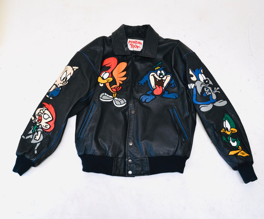 80s 90s Vintage Tiny Toons Adventures Leather Jacket Looney Tunes Cartoon Large Montana Toons Leather Jacket Warner Bros Taz Bugs Bunny