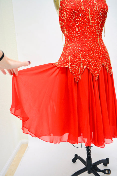Stunning 80s 90s Vintage Red Beaded Dress Medium Large// 80s 90s Red Beaded Fringe Pageant Dress Halter Neck Showgirl Red Silk Chiffon Dress