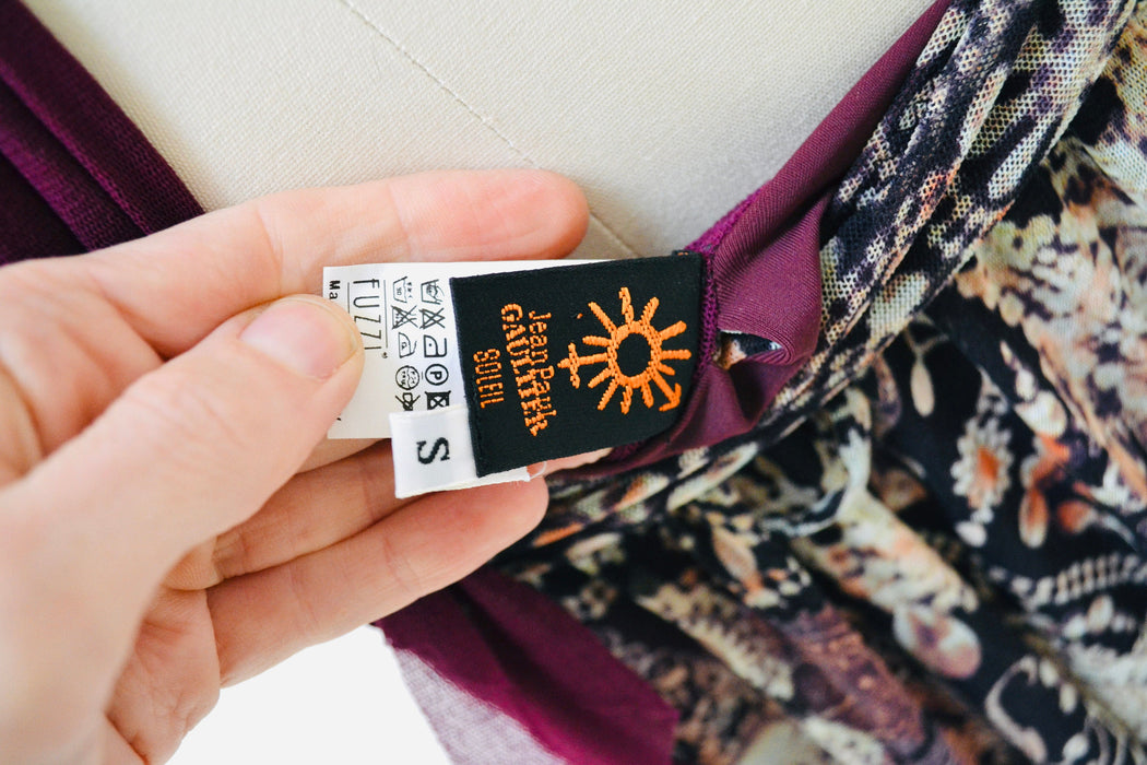 RARE 90s 00s Vintage Jean Paul Gaultier Soleil Sleeveless Mesh Dress Small Made in Italy Halter Neck Jewelry Jewel Print Babydoll Dress