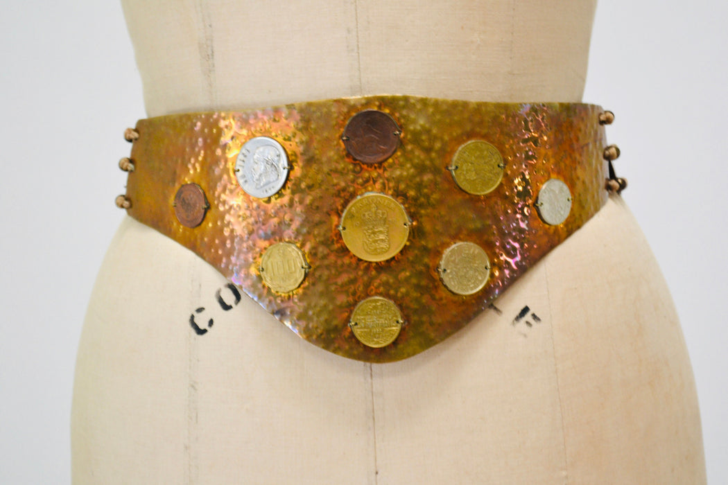 80s Vintage Gold Brass Coin Belt Gold Metallic Pirate Gypsy Belt Brass Large Boho Belt SMALL Medium 80s Brass Belt Fran Kahl Wedding Belt