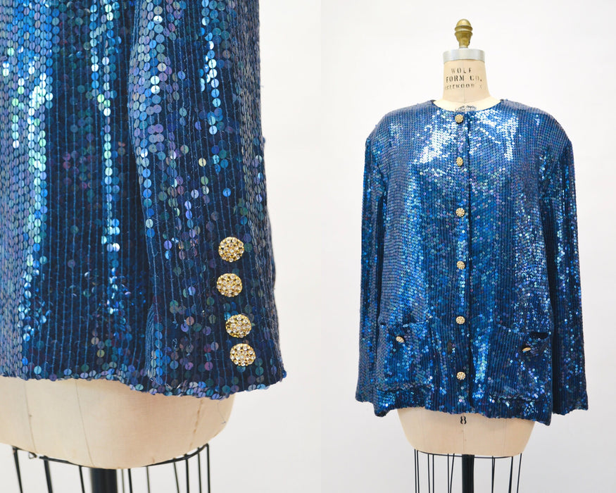 80s 90s Glam Vintage Blue Iridescent Sequin Jacket Large Blue Metallic Gold Rhinestone Buttons Jacket Sequin Jacket Jeanette Kasetenberg