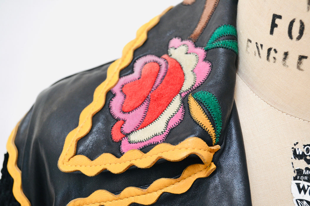 Vintage 90s Black Leather Jacket by Moschino Cheap & Chic with Fringe Red Roses Flowers Small Medium// Black Leather Biker Jacket Fringe
