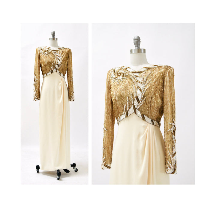 80s 90s Vintage BOB MACKIE White Cream Beaded Gold Sequin Gown Dress Size Small// Vintage Wedding Gown Beaded Long Sleeve Pageant Dress