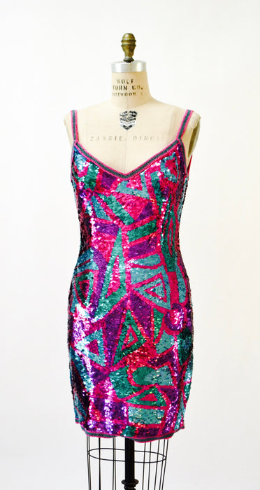 Vintage Sequin Dress Metallic Dress Pink Purple Sequin Dress XS Small // 90s Prom Dress Sequin Dress Sleeveless BodyCon Alyce Designs