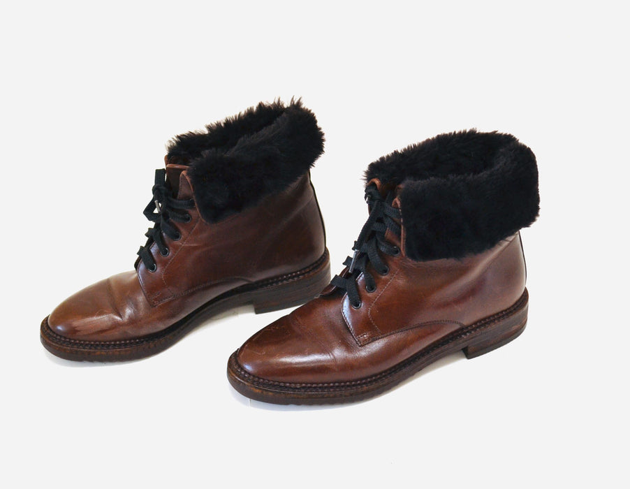 Vintage Brown Fur lined Leather Boots Size 36 6 By Tanino Crisci // Vintage 80s Brown Lace up Shearling Fur Boots 36 5 1/2 6 Made in Italy