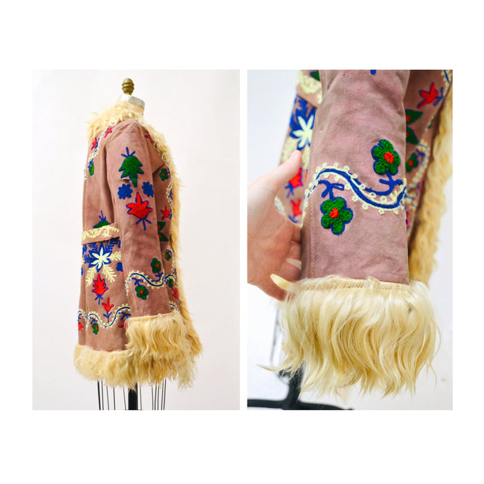Vintage Embroidered Shearling Afghan Jacket Coat Small Medium//  70s Shearling Coat Embroidered Sheepskin Fur Boho Afghan Jacket By Yaqub