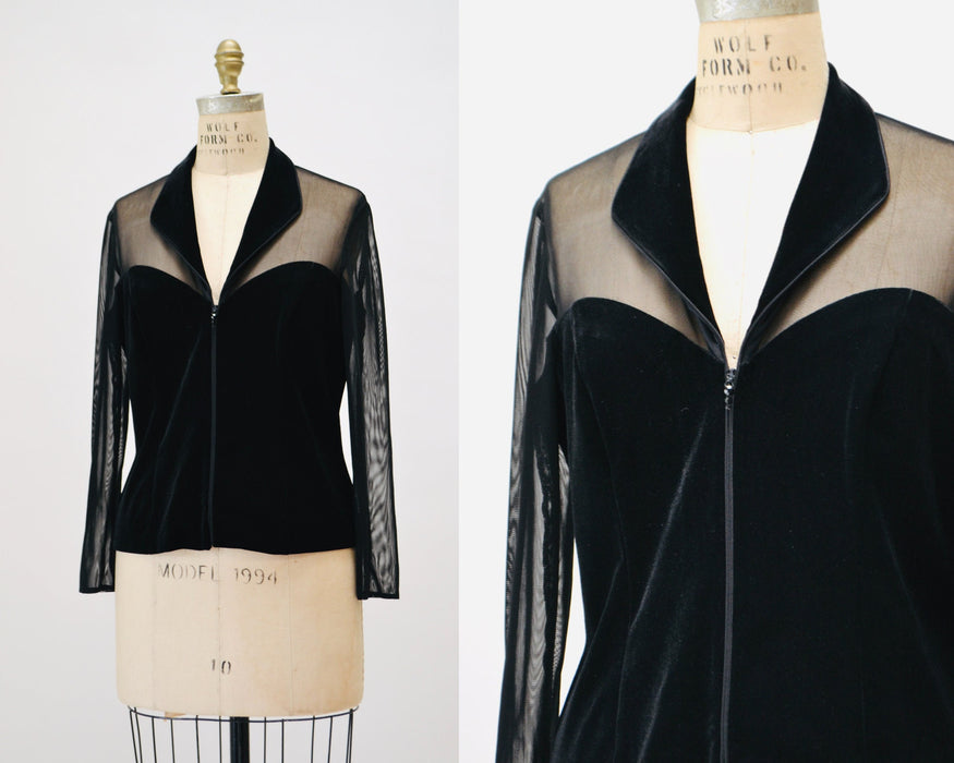 90s Vintage Sheer Black Velvet Top 90s Party Sheer long Sleeve Top Medium Large // 90s Sheer Mesh Velvet Party Shirt Tadashi Inspired Top