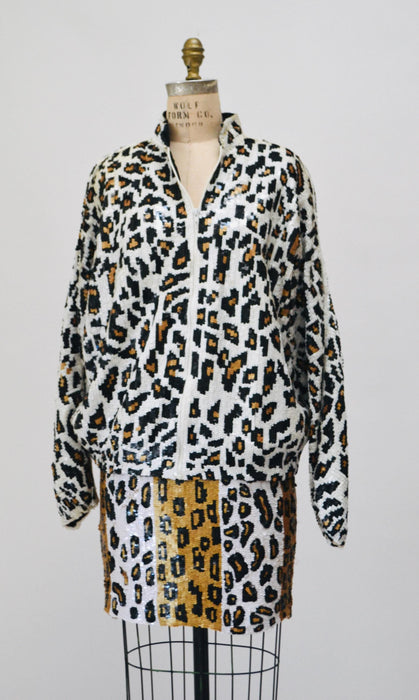 80s 90s Vintage Sequin Jacket Skirt Medium Leopard Cheetah Animal Pattern// 90s Glam Metallic Sequin Jacket Skirt Set Modi Sequin