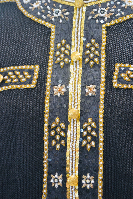 80s 90s Glam Vintage Black Gold Beaded Sequin Sweater Small Medium By Elizabeth New York Black Gold Metallic Beaded Sequin Pull Over Jumper