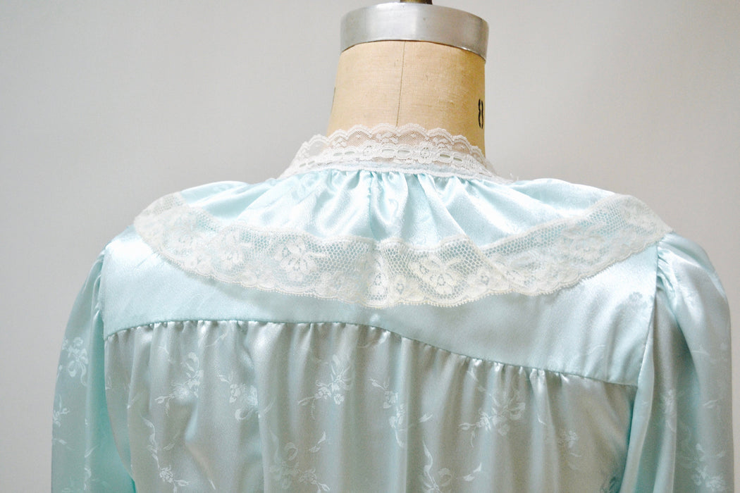 80s Vintage Blue Satin Robe Nightgown Blue lace Wedding Honeymoon Lingerie// Vintage Robe Lingerie Something Blue Large by Carole Hochman