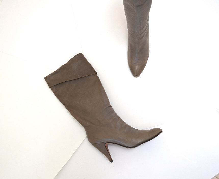 80s Vintage Gray Taupe Leather High Heel Boots 8 8 1/2 Leather High Heel Knee High Boots Pointed Toe boots Made in Italy Alberto d. Molina