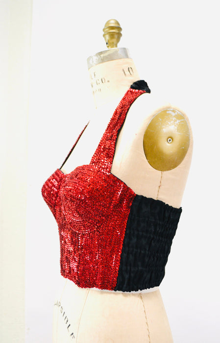 80s 90s Vintage Red Sequin Bustier Crop Top Halter top Size Medium Sequin Red Halter Top Disco Dance 80s 90s Sequin Showgirl Halter TOp