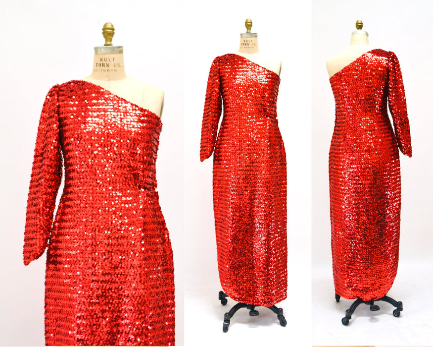 70s Vintage Red Sequin Gown Dress Red Sequin Showgirl One shoulder asymmetrical Dress Small Medium Pageant Jessica Rabbit Princess Costume