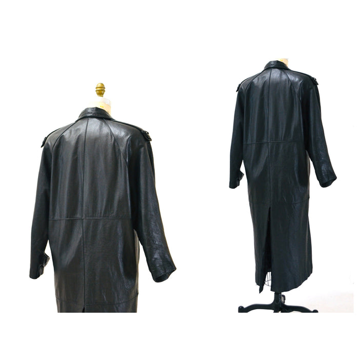 80s 90s Gorgeous Vintage Black Leather Jacket Trench Coat Long Black Leather Jacket Small Medium // Vintage Black Leather Trench Coat Jacket