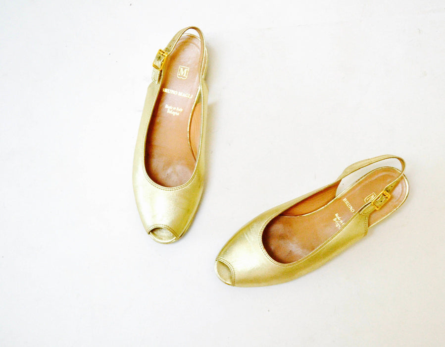 Vintage Gold Metallic Leather Sandals Slip on Heels Shoes 6 1/2 Bruno Magli Made in Italy// Gold Leather Peep toe Sling Backs Wedge 6 1/2