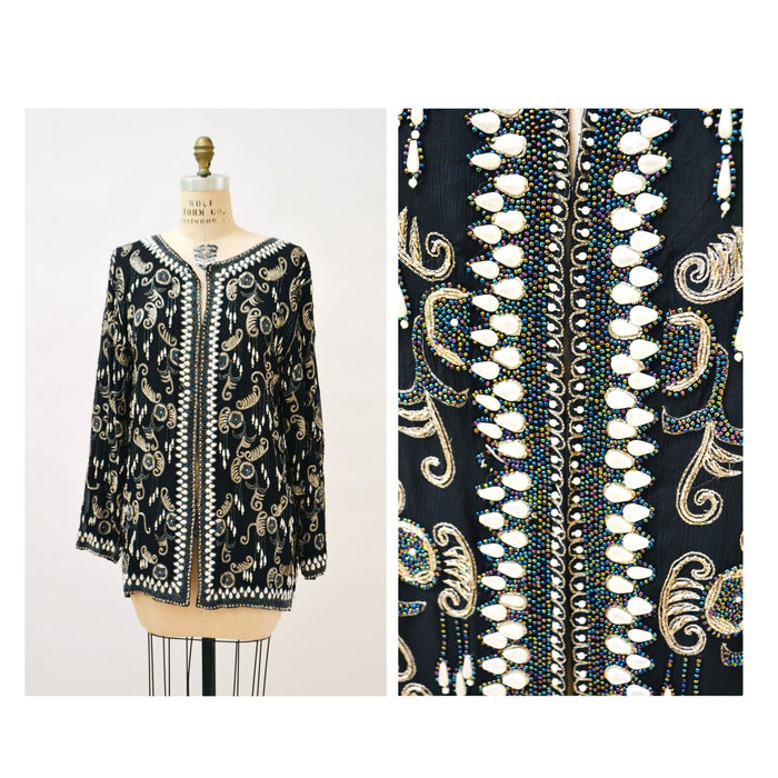 Vintage Beaded Metallic Embroidered Jacket Black Silver Paisley Jacket // Vintage Black Embroidered Jacket Art Deco Beaded Jacket