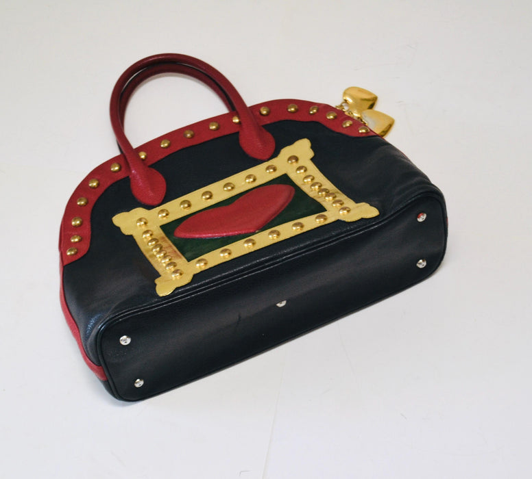 90s Vintage Moschino Bag Tote Black Leather Red Heart Moschino Purse Bag Black Leather 90s Love heart ART IS LOVE Studded Leather Bag