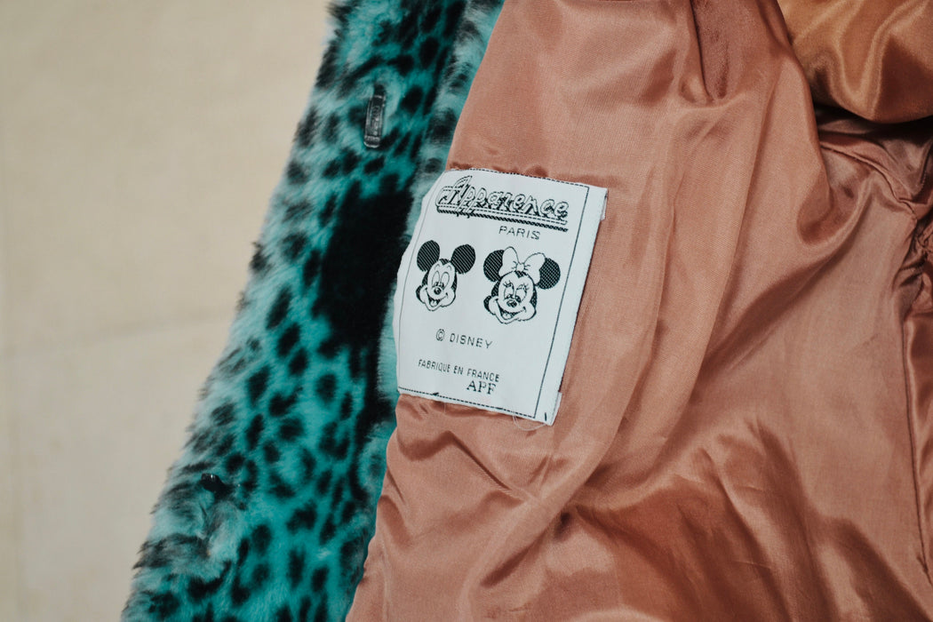 80s 90s Vintage Disney Mickey Mouse Faux Fur Jacket Coat Disney Tokyo Japan Blue Green Print Faux Fur Coat Apparence Paris XS SMall