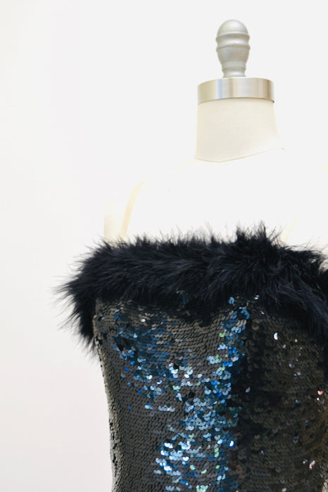 80s 90s Vintage Black Sequin Feather Bustier Top Size XS Small 90s 2000s Sequin feather Strapless top XXS Xs Black Sequin Feather Crop top