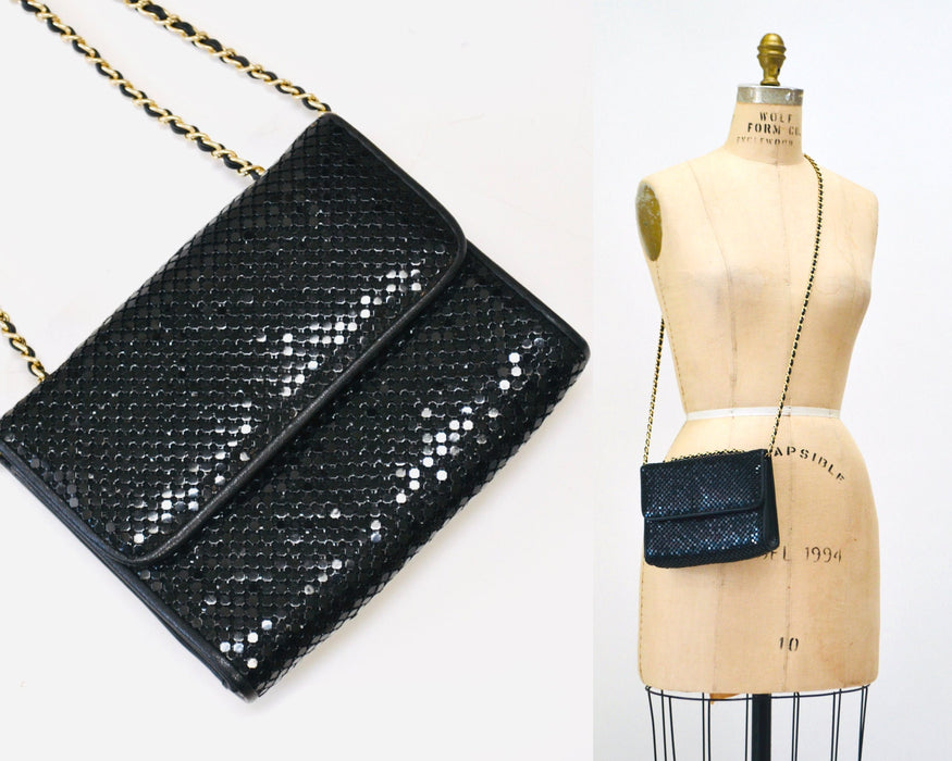 80s Vintage Black Evening Bag Purse Black Metallic Metal Whiting and Davis // Vintage Black Mesh Gold Chain Metallic Purse Small Evening Bag