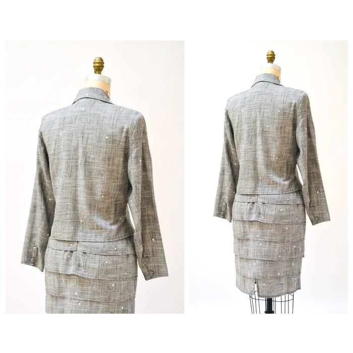 90s Vintage Plaid Jacket Skirt Suit Rhinestones Black and White Plaid Double Breasted Suit Jacket Rhinestone Glam Power Suit Small Medium