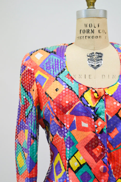 80s 90s Vintage Sequin Jacket Suit and Skirt By Lillie Rubin Abstract Rainbow Print Sequin Suit Medium large 80s Power Suit Sequin Jacket