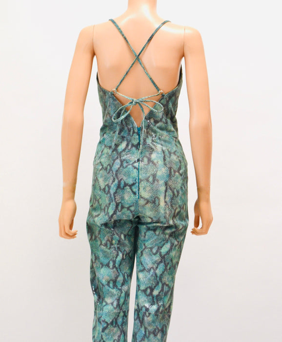 2000s Y2k Leather Jumpsuit Snake Print leather Cat Suit  Blue Green Snake Skin Print By Michael Hoban North Beach Leather Size XS Small