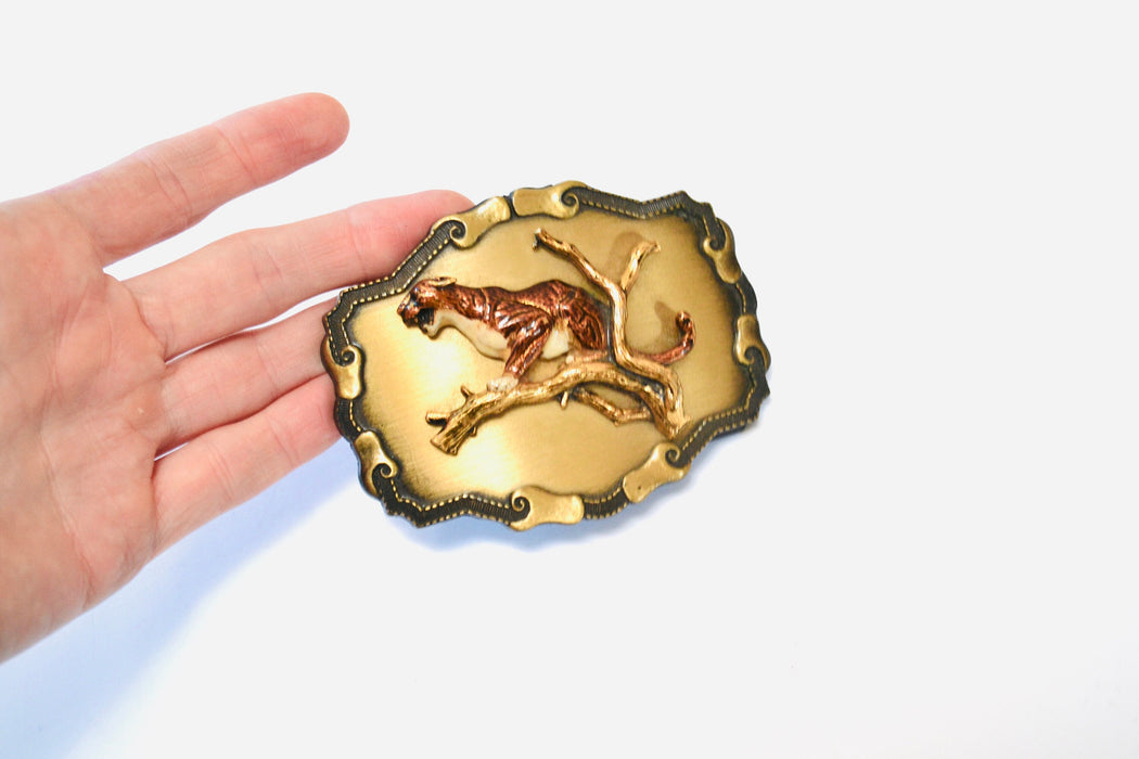 70s 80s Vintage Brass Cheetah Leopard Belt Buckle Metallic Big Cat Belt Buckle Large Cat Brass Gold Cheetah Belt Buckle by Raintree Buckle