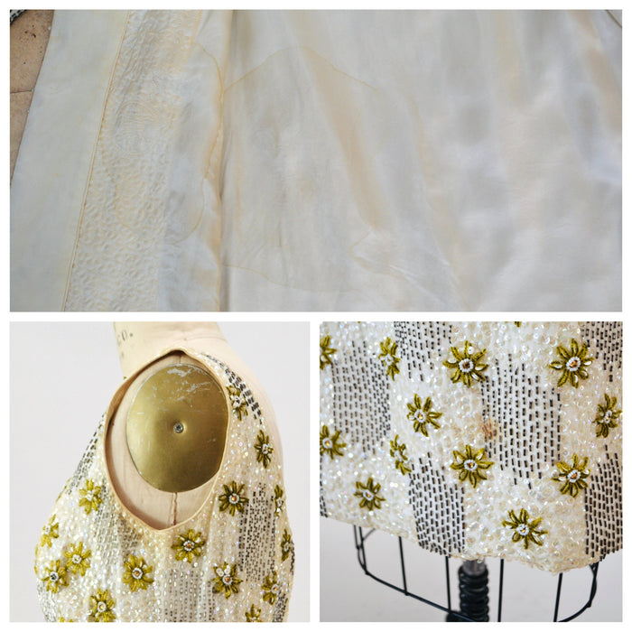50s 60s Vintage Cream Gold Sequin Beaded Dress and Jacket Small Medium 1950s 60s Wedding Sequin Dress Jacket Flower Beaded Suit Miss Ruth