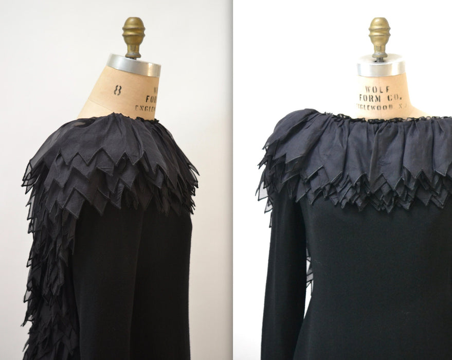 Vintage Black Dress Black Medium Large Ruffle Neckline by Alfred Bosand  // 90s Vintage Black Cocktail Dress Wool and Silk Party Dress