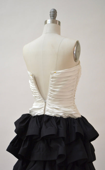 Vintage 90s Party Prom Dress XXS XS Small Black and White Strapless Ruffle Party Dress By Tadashi// 90s  Vintage Black Tie PageantDress