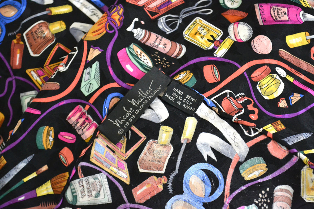 VIntage Nicole Miller Silk Scarf with Makeup Lipstick Stylist// Extra Large Silk Scarf with beauty lipstick makeup Fashion Print