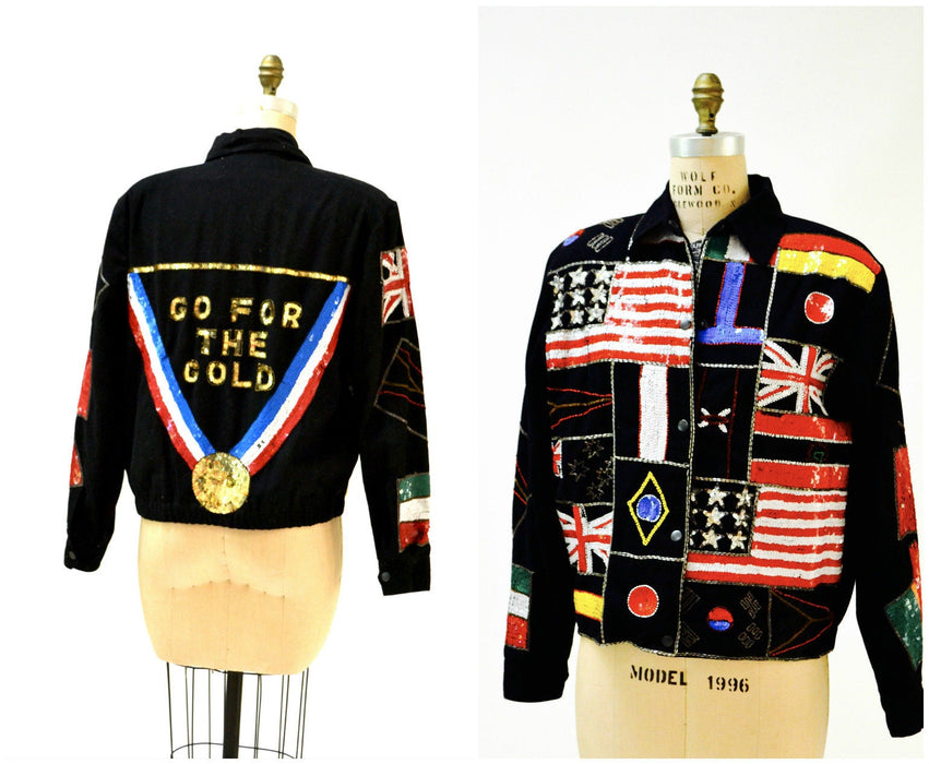 Vintage Sequin Jacket American Olympic Flag USA Large By Modi// Vintage Sequin Bomber Jacket Olympics Australia England USA America Pop Art