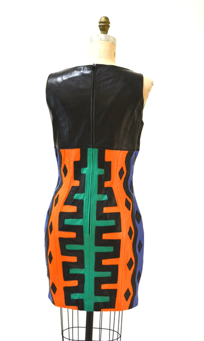 Vintage Leather Dress Black Medium Large Pop Art tribal by Michael Hoban North Beach// 90s Vintage Leather Dress medium Large Patchwork