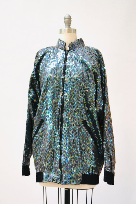 80s 90s Vintage Sequin Jacket with Rolls Royce Car Hologram Sequin Jacket small// Vintage Black Sequin Bomber Jacket Small Medium by Modi